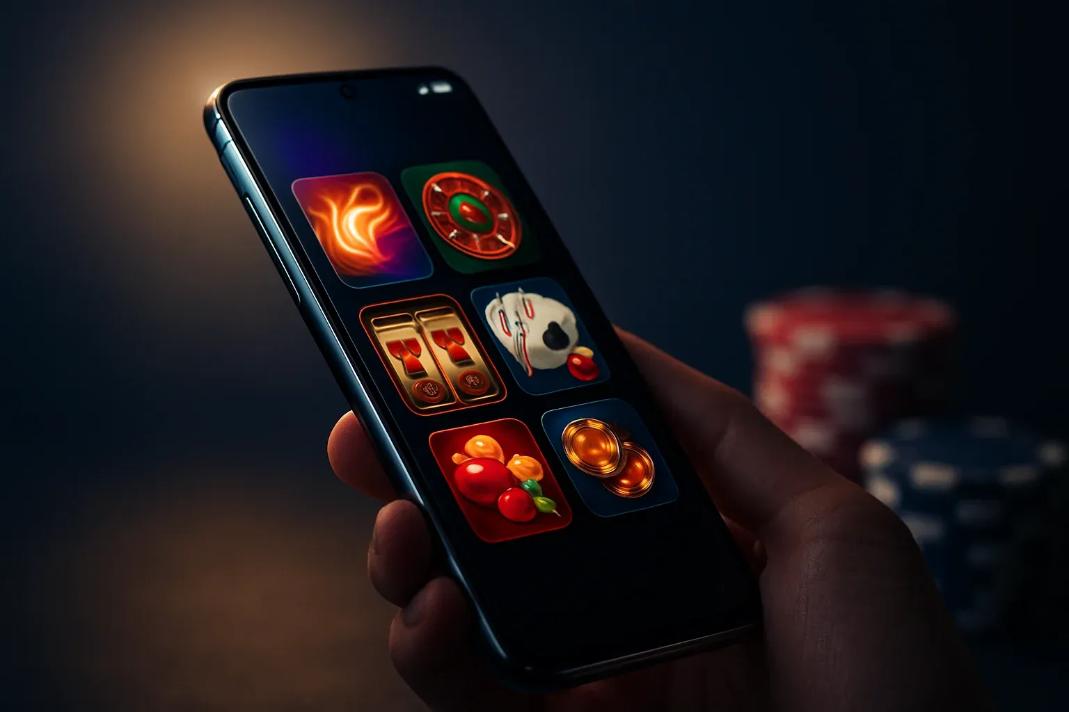 Hyperrealistic Android smartphone showing premium casino app interface with blurred chips