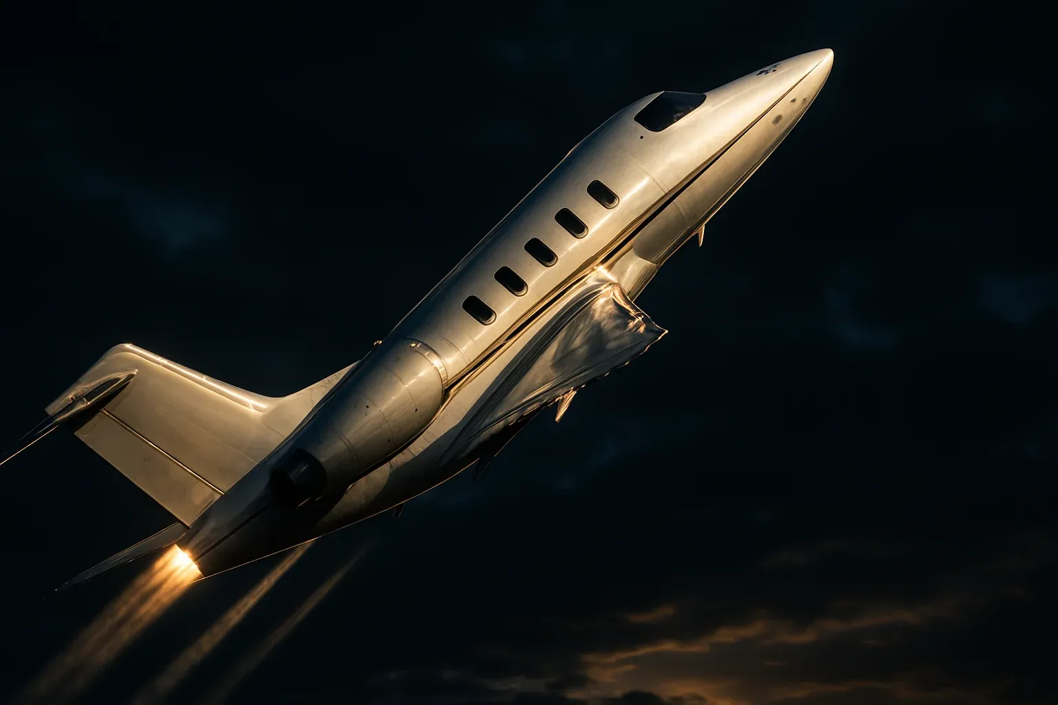 Hyperrealistic white jet climbing steeply in deep blue sky with contrails