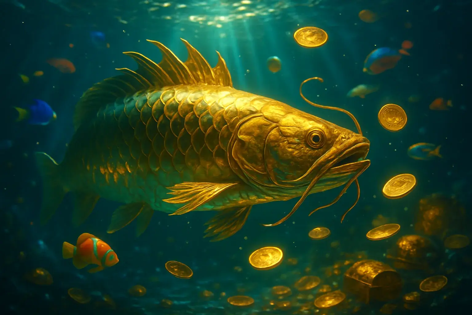 Hyperrealistic underwater golden dragon fish surrounded by glowing coins and treasure