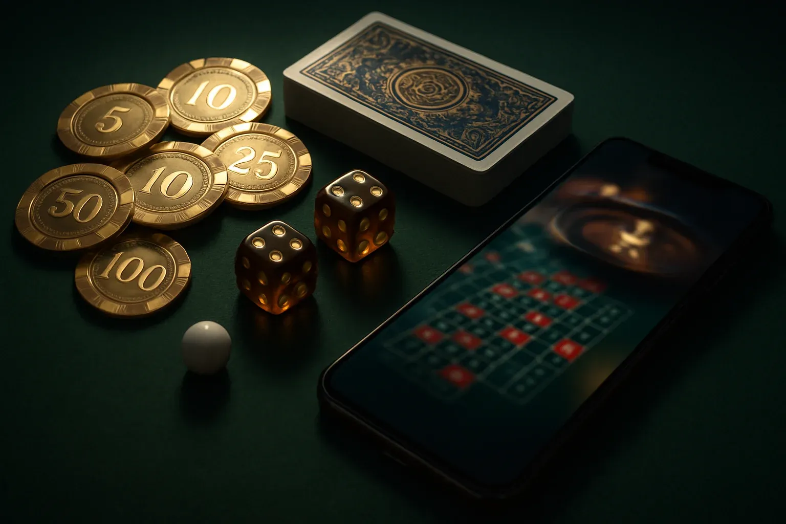 Top-down casino table with golden chips, cards, dice, roulette ball, smartphone