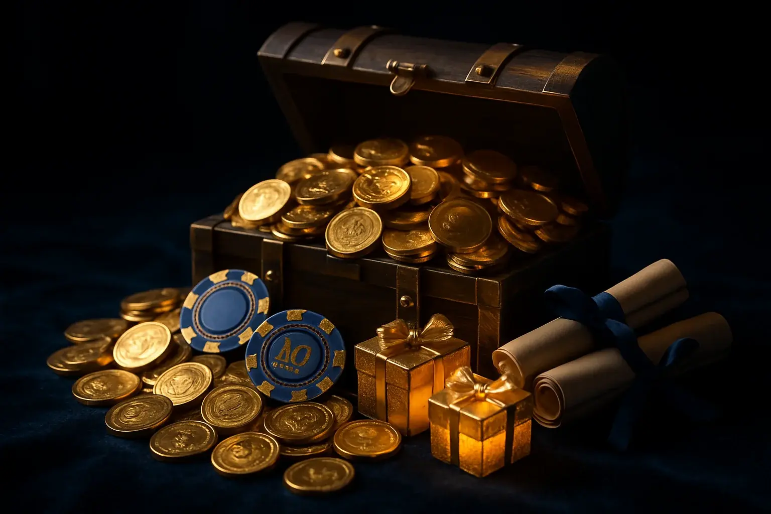 Overflowing treasure chest with gold coins, casino chips, vouchers, and gift boxes