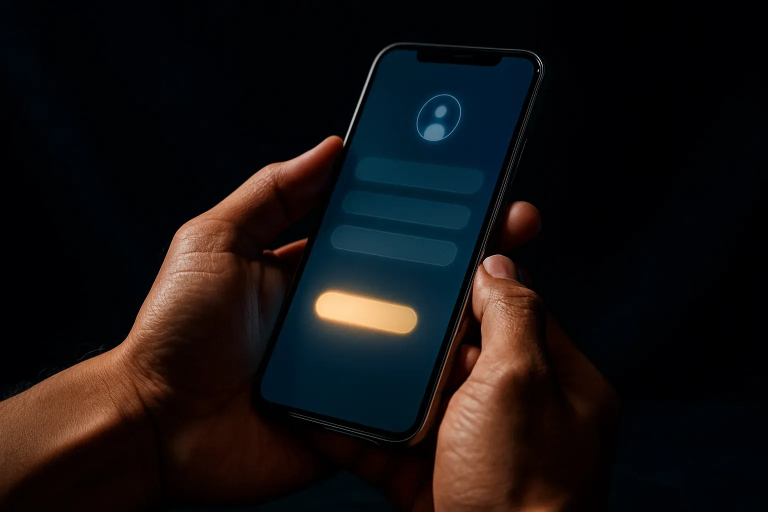 Filipino man hands holding smartphone with blurred registration screen, blue gold glow