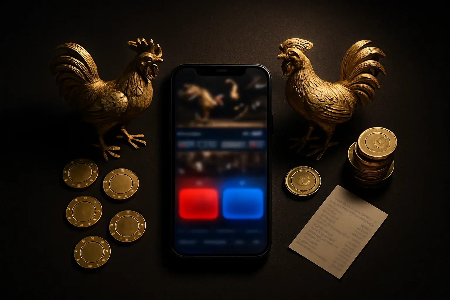 Smartphone sabong betting interface with golden roosters, peso coins, and chips