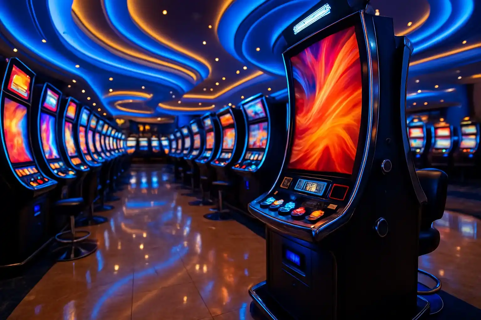 Hyperrealistic wide shot of Manila casino slots floor with blue gold lighting