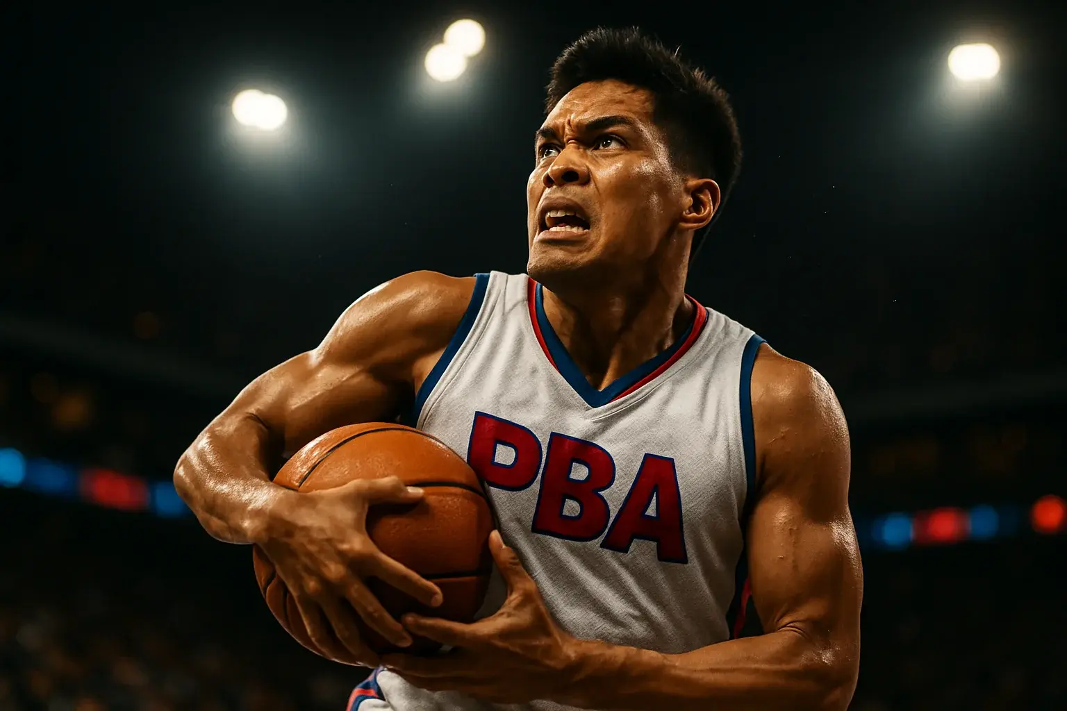 Filipino PBA basketball player mid-air drive, ball pressed to chest